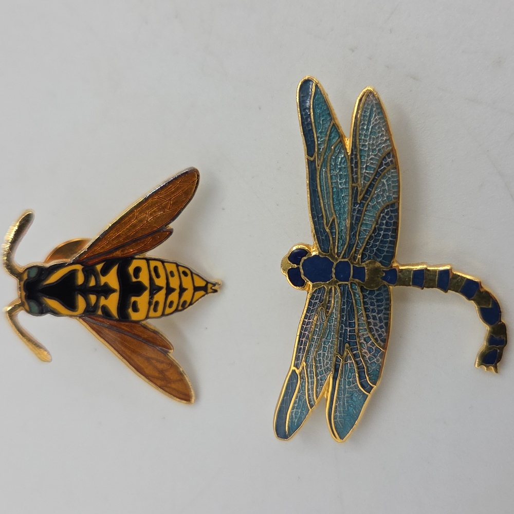 Gold and Blue Insect Brooch Set - Picture 1 of 4
